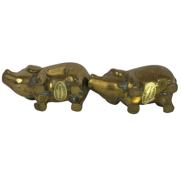 Solid Brass Mini Pig Hog Figurines Set Of 2 Gold Patina Farm Animal Vtg Korea - Picture 6 of 7